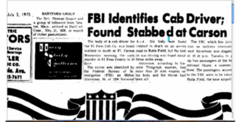 newspaper clipping of cab driver that was brutally murdered on Ft. Carson Army base. This case remains an unsolved murder.