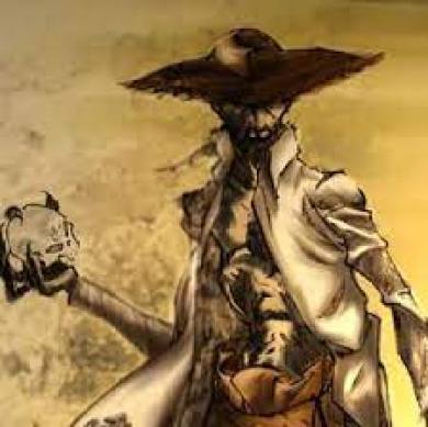 El Sibon, the slender man wearing a wide brimmed hat and holding a skull looking down. 