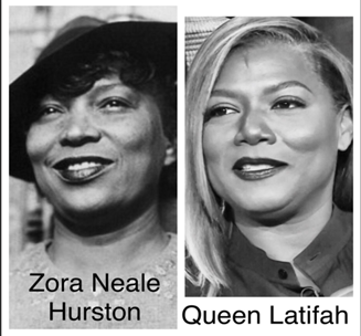 doppelgängers Two pictures the one on the left is of Zora Neale Hurston in a hat smiling. The picture on the right is of Queen Latifah with long blond hair also smiling and the two women appear to be twins. 