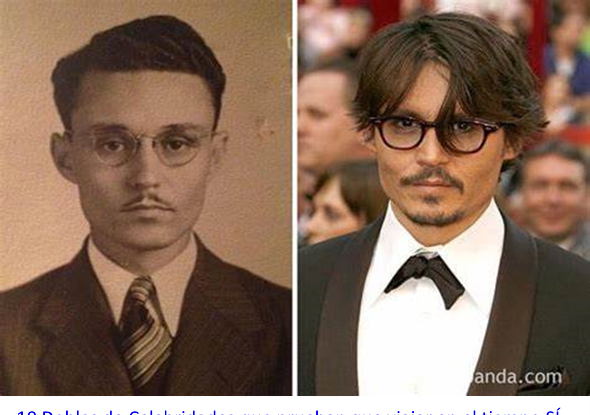 Two pictures the one on the left is a man from the 1920s with his hair in a slicked back style in a suit and tie. The one on the right is modern day of Johnny Depp and both show how similar looking both men are. doppelgänger