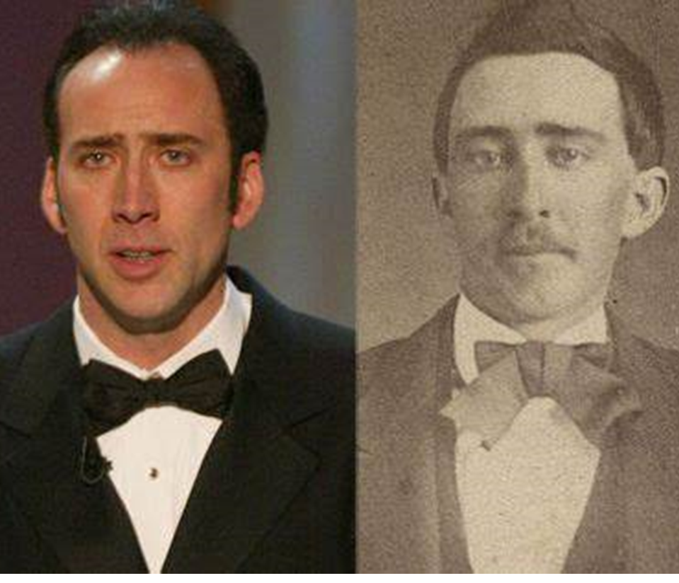 There are two pictures the one on the left side is of Nicholas Cage from an awards ceremony in a bow tie. The one on the right is of a man that looks like Nicholas Cage but is from the Civil War era also in a bow tie and has a mustache. doppelgänger 
