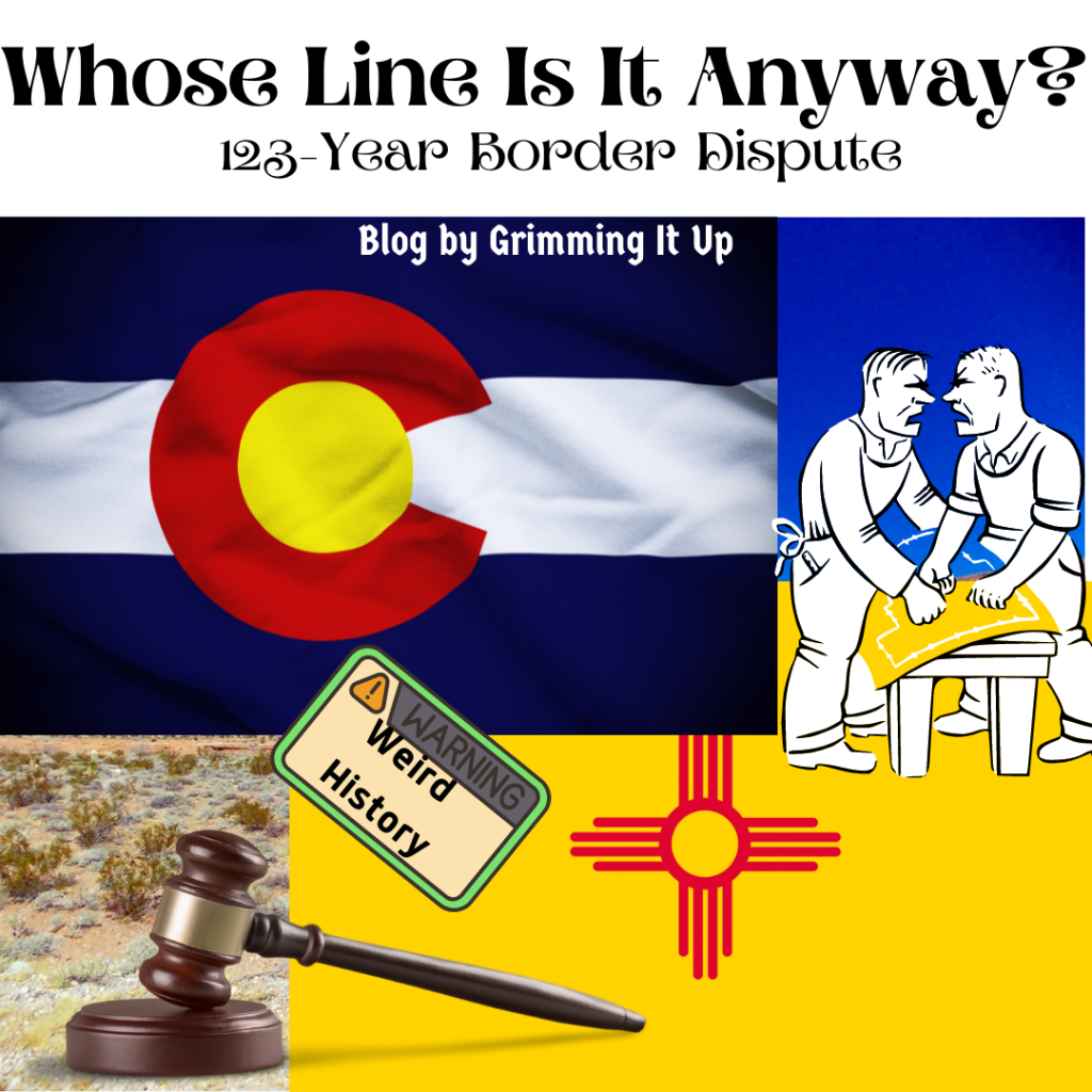 Long-standing border dispute in the U.S. Shows two men arguing with Colorado State flag and New Mexico's state flag.